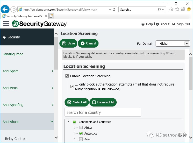 Block email from unauthorized countries with Location Screening in Security Gateway for Email