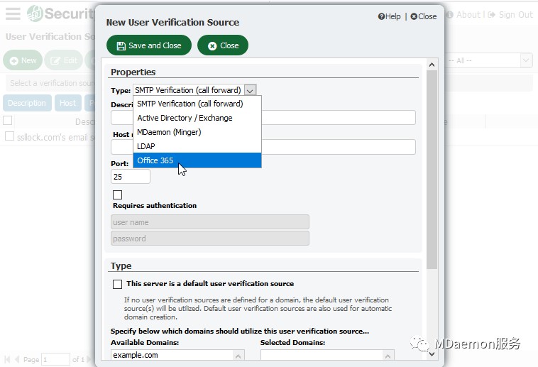 User verification options to validate users by querying Office 365, Active Directory, MDaemon, or an LDAP data source