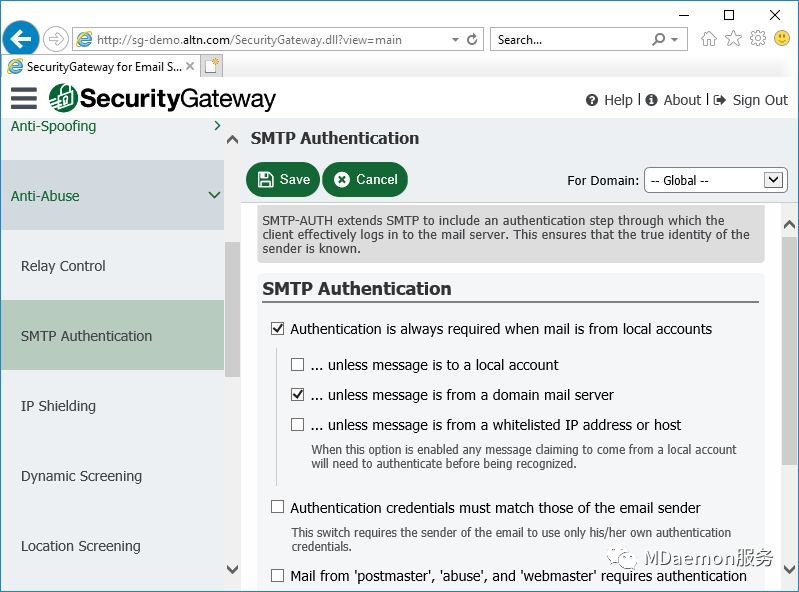 SMTP authentication settings in Security Gateway for Email Servers