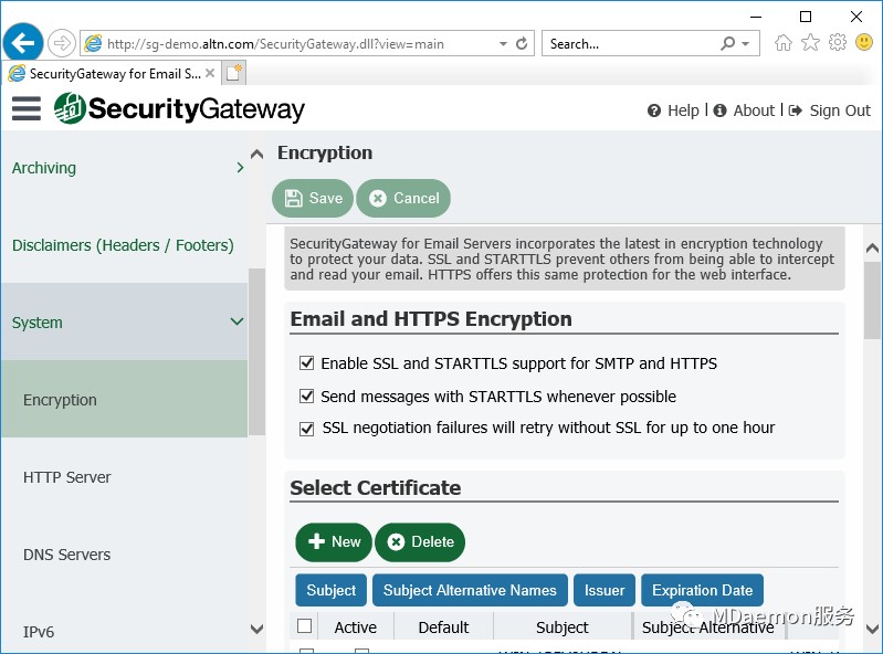 Secure Sockets Layer (SSL) settings in Security Gateway for Email Servers