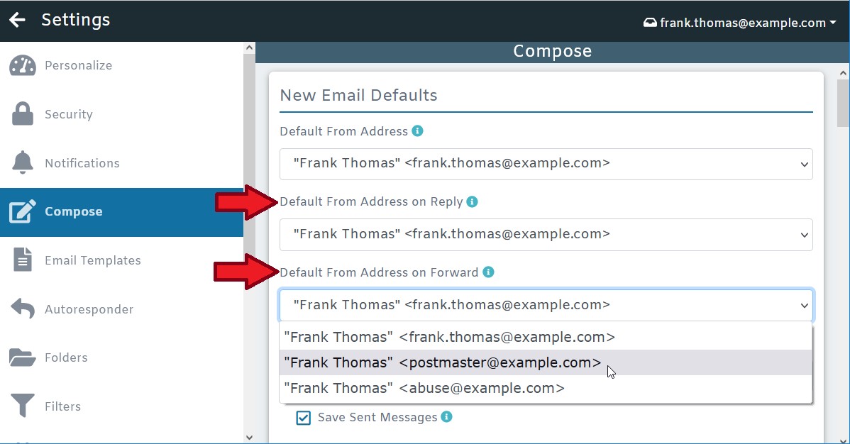 MDaemon Webmail 用户现在可以在答复或转发邮件时设置默认的“发件人”地址。 